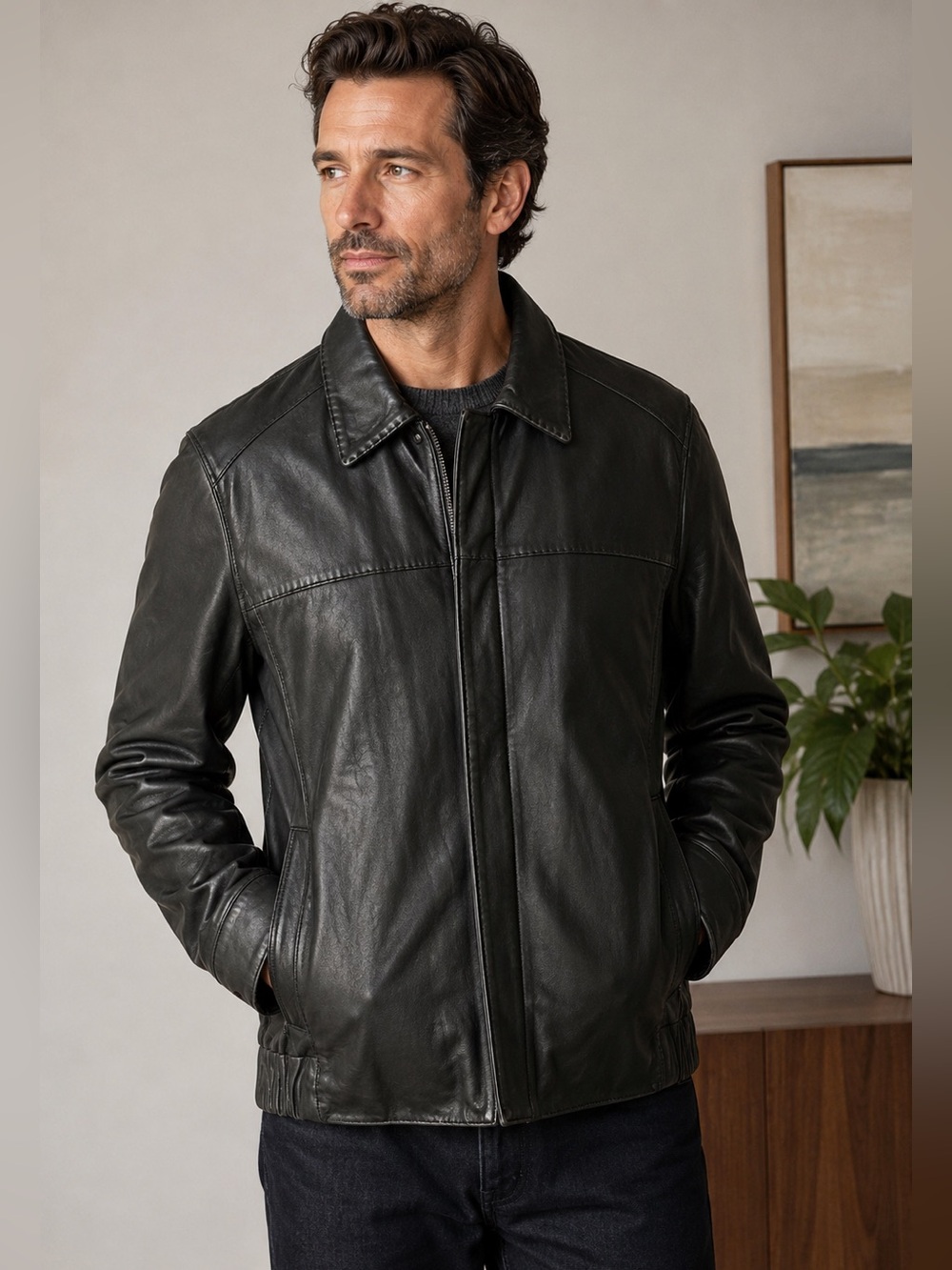 Marc New York - Andrew Marc Black Soft Genuine Leather Full Zip  Jacket | Size L